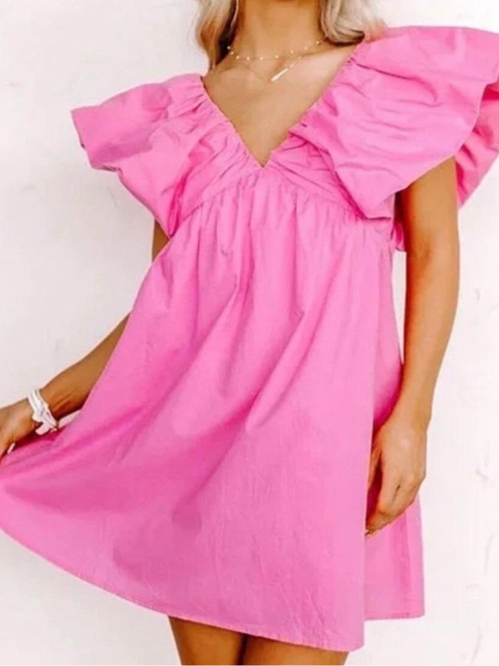 Women's Pink V-Neck Flutter Sleeve Mini Dress